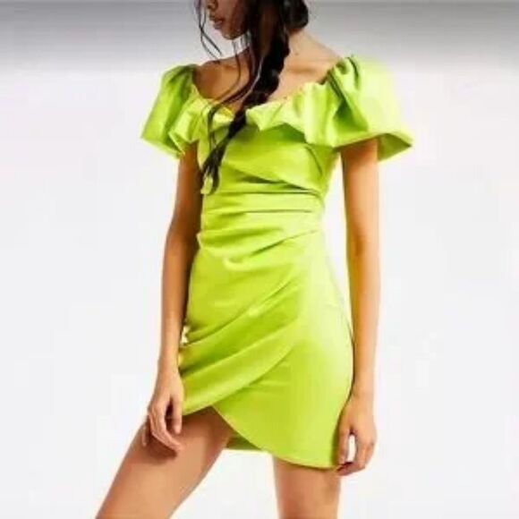Elliott x Free People Zanzibar Neon Green Chartreuse Off Shoulder Dress Size L - Picture 1 of 8